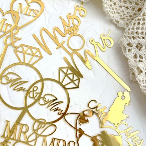 Decoratiune Topper pentru Tort, Model Inele Mr&amp;Mrs, Tematica Nunta, 10 cm, Auriu [2]