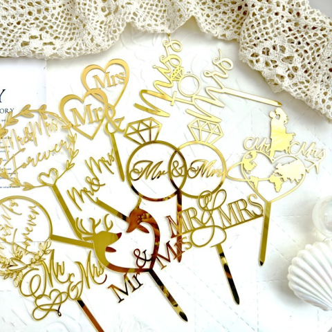 Decoratiune Topper pentru Tort, Model Inele Mr&amp;Mrs, Tematica Nunta, 10 cm, Auriu [4]