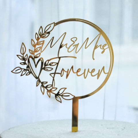 Decoratiune Topper pentru Tort, Model Mr&amp;Mrs Forever, Tematica Nunta, 10 cm, Auriu [2]