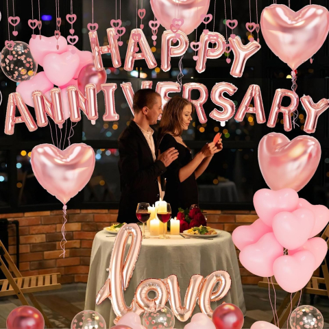 Set Baloane din Folie Metalizata, Model Happy Anniversary, Litere de 40 cm, Baloane Party, Ambalaj Individual, Pai Inclus, Umflare cu Aer sau Heliu, Roz [11]