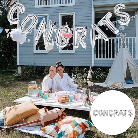 Set Baloane din Folie Metalizat?, Model Congrats, Litere de 40 cm, Baloane Absolvire, Ambalaj Individual, Pai inclus, Umflare cu Aer sau Heliu, Argintiu [3]