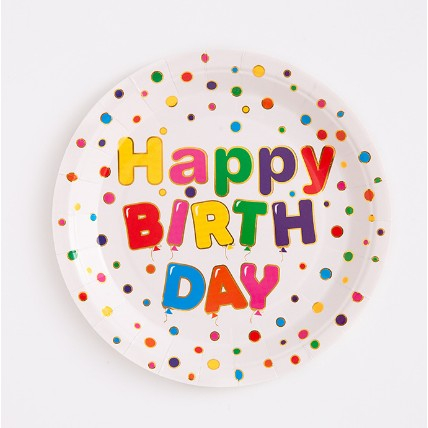 Set 10 Farfurii Unica Folosinta, Imprimeu Happy Birthday, din Carton, Diametru 18 cm, Multicolor [1]