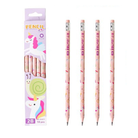 Accesorii Birou si Consumabile - Set 10 Creioane Negre, 2B, pentru Elevi Scoala, cu Radiera, Model Roz cu Unicorni