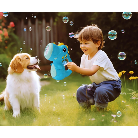 Jucarie Interactiva pentru Baloane de Sapun, Sunete si Lumini, Model Dinozaur, cu 8 Orificii, 17.1 x 10.4 x 21.5 cm, Albastru [1]