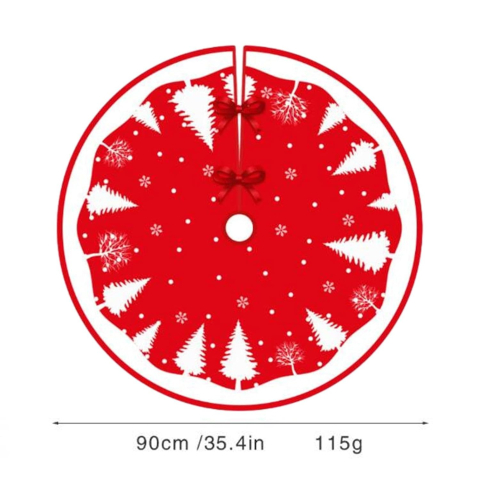 Covoras pentru Bradul de Craciun, din Tesatura Pufoasa, cu Fundite de Prindere, Model Brazi, Rosu/Alb, Diametru 90 cm [4]