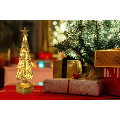 Decoratiune de Craciun, Model Brad cu Stea, din Sticla, Lumini, Baterii 3 AA, 31.5 x 9 cm, Auriu [3]