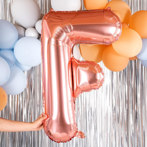 Balon Folie Metalizata Litera F, 100 cm, Umflati cu Heliu sau Aer, Ambalaj Individual, Pai inclus, Rose Gold [4]
