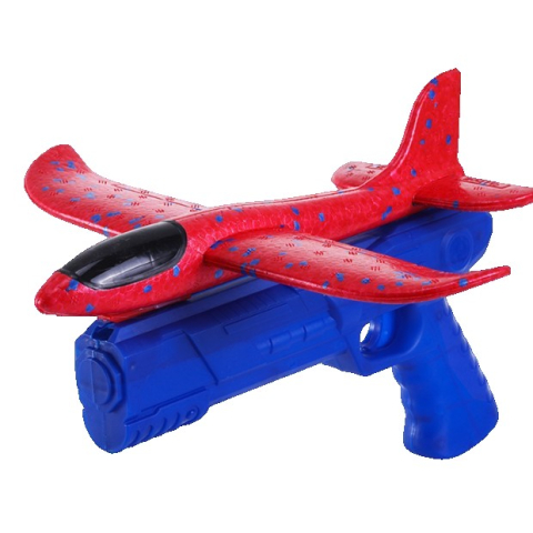 Articole pentru Copii - Pistol cu Lansator de Avion, din Polistiren+Plastic, +3 Ani, Avion 38 cm, Lansare 10 m, Albastru/Rosu