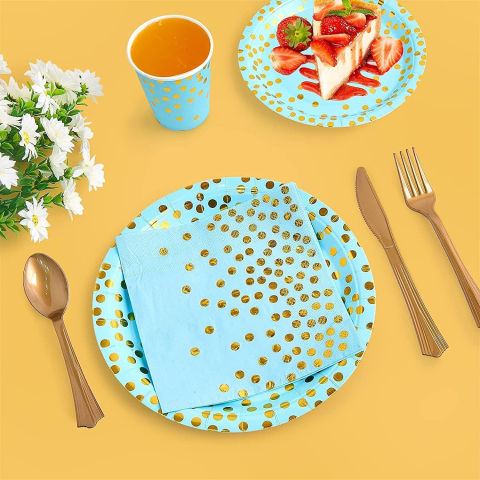 Set 10 Farfurii Unica Folosinta, Imprimeu cu Buline, din Carton, Diametru 23 cm, Albastru/Auriu [4]