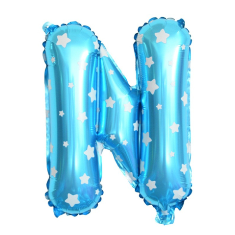 Litere - Balon Folie Metalizata Litera N, 40 cm, Cu Imprimeu Stelute, Umflati cu Heliu sau Aer, Ambalaj Individual, Pai inclus, Albastru