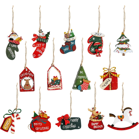 Decoratiuni Brad - Set 14 Decoratiuni de Craciun, pentru Brad, 5 - 9.5 cm, din Lemn, Multicolor