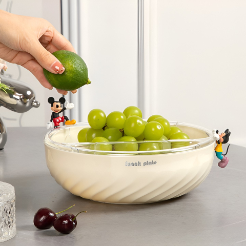 Bol cu Doua Straturi, pentru Fructe, Legume, Snacks, cu Strat de Scurgere a Apei, Suport pentru Telefonul Mobil, 22.4x9 cm, Crem [6]