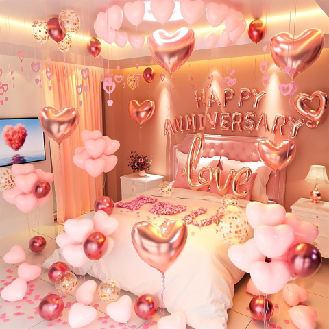 Set Baloane din Folie Metalizata, Model Happy Anniversary, Litere de 40 cm, Baloane Party, Ambalaj Individual, Pai Inclus, Umflare cu Aer sau Heliu, Roz [12]