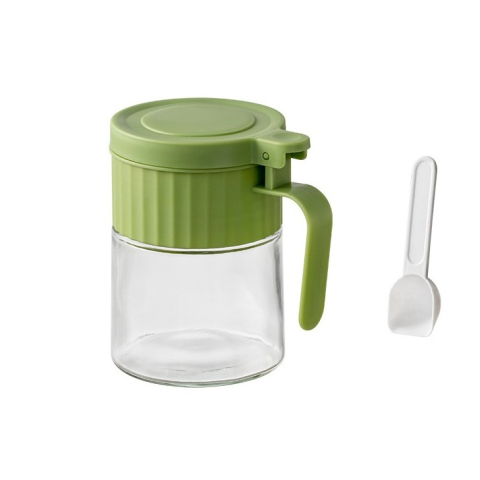 Articole pentru Bucatarie - Recipient Condimente, din Stilca, 180 ml, cu Maner si Lingurita, 10.6 x 7 x 7 cm, Capac Mat, Verde