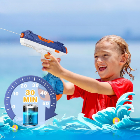Pistol cu Apa Electric, 2 Rezervoare 75/350 ml, din ABS+Silicon, Baterie, Incarcare USB, Conectare la Furtun, +6 Ani, Albastru [3]