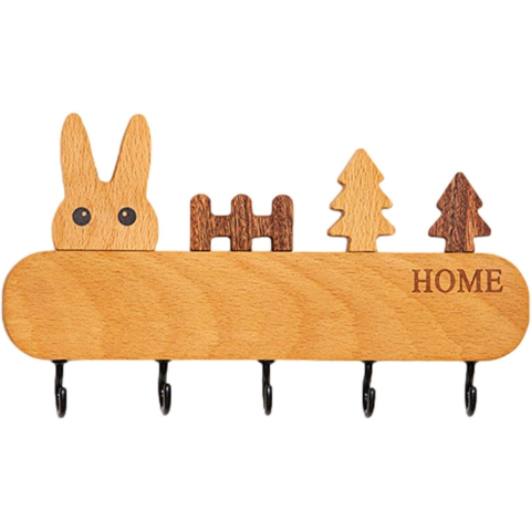 Diverse Casa - Suport pentru Chei, din Lemn, Aplicare fara Perforare, Adeziv Inclus, 5 Carlige Negre, Model Iepure, Greutate Suportata 5 kg, 13.5 x 22 cm, Maro
