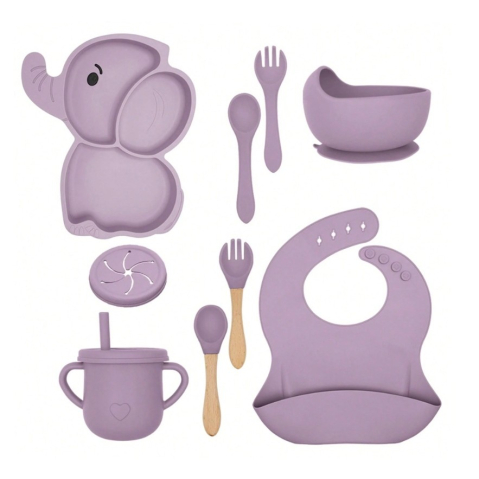 Articole pentru Copii - Set 10 Piese Servire Masa. pentru Bebelusi si Copii, din Silicon/Lemn, cu Ventuze Anti-alunecare, fara Alergeni. +6 Luni, Model Elefant, Mov