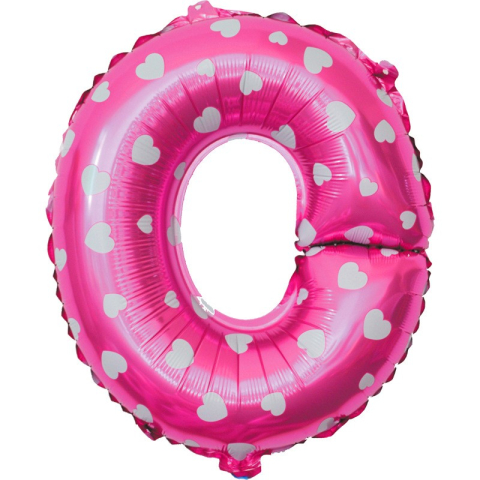 Litere - Balon Folie Metalizata Litera O, 40 cm, Cu Imprimeu Inimioare, Umflati cu Heliu sau Aer, Ambalaj Individual, Pai inclus, Roz