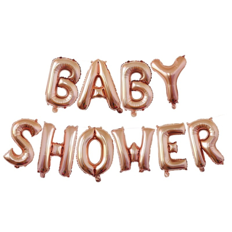 Seturi Baloane Folie - Set Baloane din Folie Metalizata, Model Baby Shower, Litere de 40 cm, Baloane Party, Ambalaj Individual, Pai, Ata si Adeziv Incluse, Umflare cu Aer sau Heliu, Rose Gold