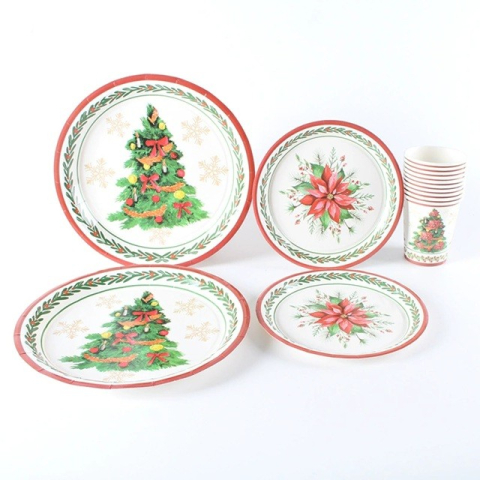 Set 10 Farfurii Unica Folosinta, 23 cm, Model Brad de Craciun, Multicolor [2]