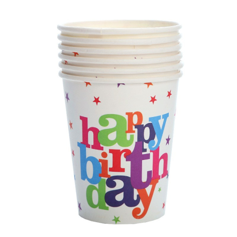 Accesorii Petrecere - Set 6 Pahare de Carton, Colectia Happy Birthday, 7 x 5 x 8.5 cm, 230 ml, Multicolor