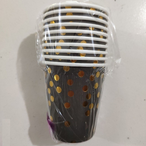 Set 10 Pahare, Imprimeu cu Buline, din Carton, 250 ml, 7 x 8.5 x 5 cm, Negru/Auriu [2]