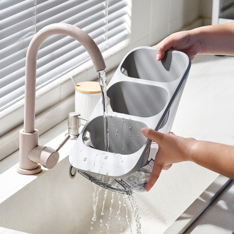 Suport - Organizator pentru Tacamuri, 3 Compartimente, Suport pentru Cosmetica, Ustensile, Material PP Durabil, 33 x 16 x 15 cm Gri [1]