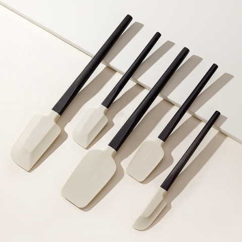 Articole pentru Bucatarie - Set 5 Ustensile de Bucatarie, din Silicon si Lemn, Spatule de Diferite Dimensiuni, Termorezistente, Antiaderente, Alb-Negru