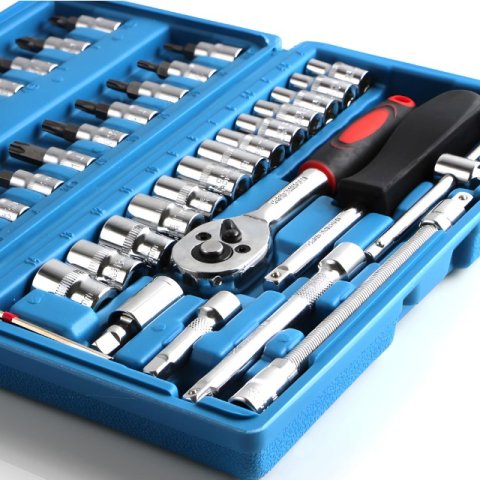 Chei tubulare Set 46 de Piese, Trusa Scule de Reparatii Auto, Prelungitoare Rigid si Flexibil, Articulatie Cardanica, Antrenor de Forta Glisant, Adaptoare, Maner pentru Surubelnita, 23 x 12 x 4 cm, 1.9 kg, Cutie Albastra [2]