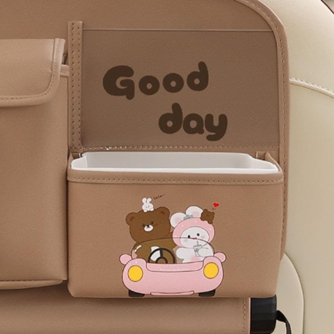 Geanta Multifunctionala de Depozitare, pentru Bancheta din Spate a Masinii, Animat, Model Ursuleti, Scris Good Day, Suport Servetele si Telefon, 25x31 cm, Maro [5]
