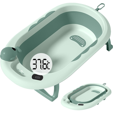 Articole pentru baie - Cada de Baie, pentru Copii 0 luni - 6 Ani, cu Termometru, Pliabila, Perna Suport Inclusa, din Plastic, 81.5 x 49 x 21.5 cm, Verde