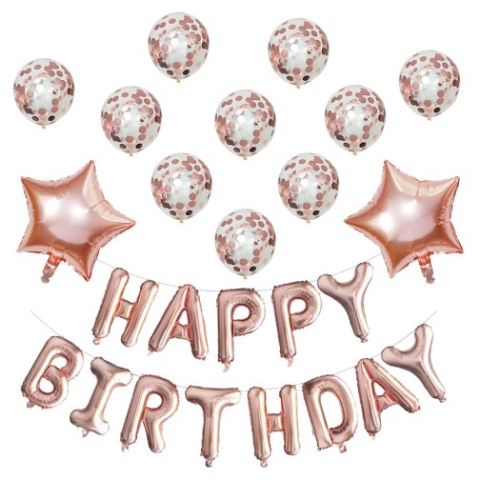 Seturi Baloane Folie - Set 12 Baloane si 1, Set pentru Aniversare, mesaj Happy Birthday, din folie de aluminiu, 30 -45 cm, Cu paiete, latex si folie, Rose Gold