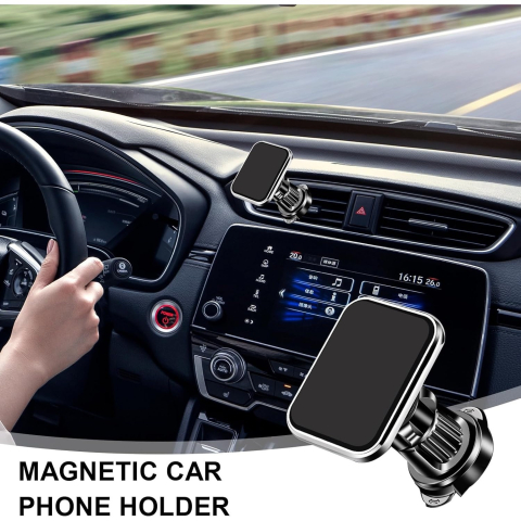 Suport Auto pentru Telefon, MagSafe, cu Magnet, Prindere Grila de Ventilatie, Detalii Fine, Rotativ 360 de Grade, Plastic Magnet Silicon, 5.1x3.9 cm, Negru Argintiu [7]