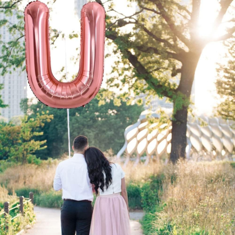 Balon Folie Metalizata Litera U, 100 cm, Umflati cu Heliu sau Aer, Ambalaj Individual, Pai inclus, Rose Gold [2]