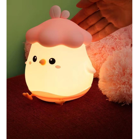 Lampa de Veghe pentru Copii, din Silicon, Senzor Tactil, Model Pui, Lumina Calda, Protectie pentru Ochi, Incarcare USB, Capacitate Baterie Incorporata 800mAh, 11 x 10 x 12.4 cm, Roz [2]