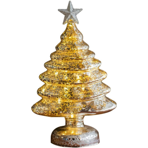 Decoratiuni Luminoase - Decoratiune de Craciun, Model Brad cu Stea, din Sticla, Lumini, Baterii 3 AA, 22 x 9 cm, Auriu