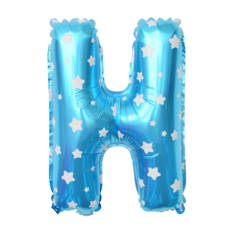 Litere - Balon Folie Metalizata Litera H, 40 cm, Cu Imprimeu Stelute, Umflati cu Heliu sau Aer, Ambalaj Individual, Pai inclus, Albastru