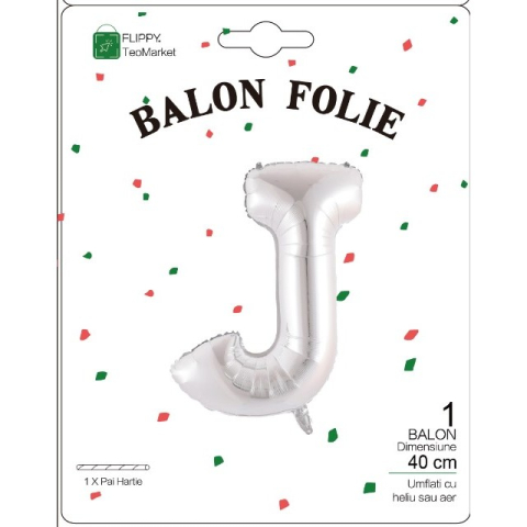 Balon Folie Metalizata Litera J, 40 cm, Umflati cu Heliu sau Aer, Ambalaj Individual, Pai inclus, Argintiu [1]