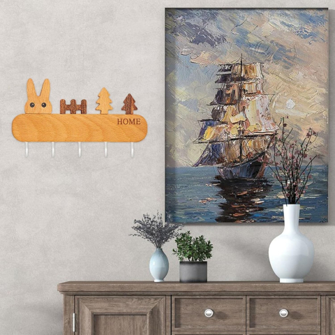 Suport pentru Chei, din Lemn, Aplicare fara Perforare, Adeziv Inclus, 5 Carlige Albe, Model Iepure, Greutate Suportata 5 kg, 13.5 x 22 cm, Maro [5]