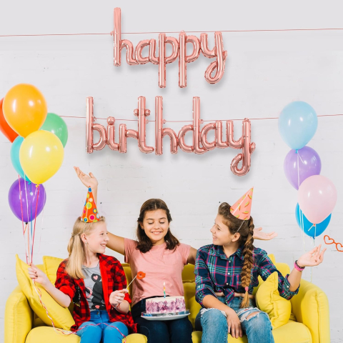 Set Baloane din Folie Metalizata, Model Happy Birthday, 45x85 cm, 45x124cm, Baloane Party, Ambalaj Individual, Pai Inclus, Umflare cu Aer sau Heliu, Roz Pal [3]
