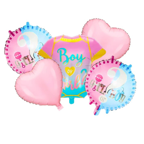 Tematica Fata/Baiat - Baloane pentru GENDER REVEAL, Model Petrecere, Set din 5 bucati, din folie de aluminiu, 55 x 61.5 cm Roz Albastru