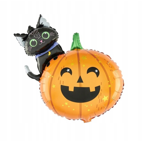 Set 5 Baloane din Folie Metalizata, Figurine, Tema Halloween, Pai Inclus, Ambalaj Individual, Umflare cu Aer sau Heliu, Figurina Dovleac si Pisica 84x69 cm, Stelute si Cerculete 45 cm, Multicolor [2]