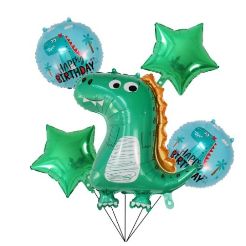 Set 5 Baloane folie de aluminiu, Figurina Dinozaur, pentru aniversare HAPYY BIRTHDAY, Stelute Verzi si Baloane Albastre, 50 - 70 cm [1]