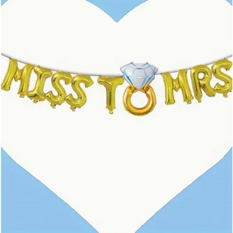 Set Baloane din Folie Metalizata, Model Miss to Mrs cu Inel de Logodna, Litere de 40 cm, Tema Iubire, Baloane Party, Ambalaj Individual, Pai Inclus, Umflare cu Aer sau Heliu, Auriu [1]