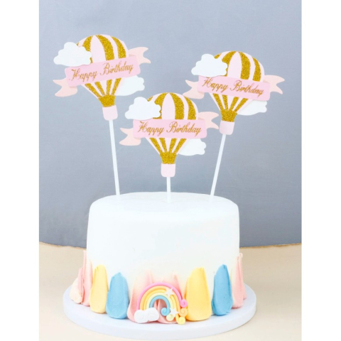 Set 3 Toppere pentru Tort, Model Balon cu Aer Cald Happy Birthday, Tematica Aniversare, Roz [4]