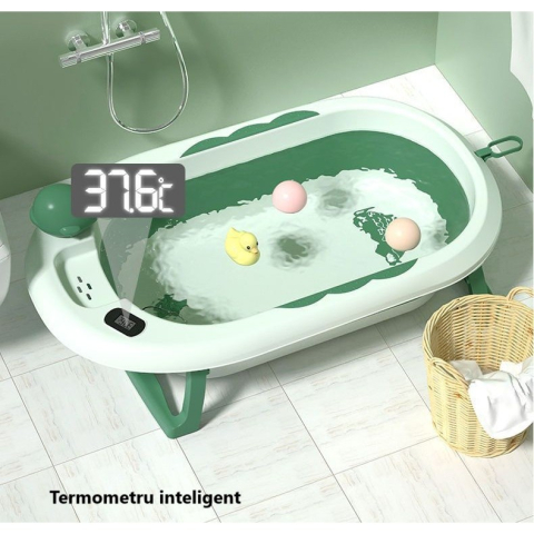 Cada de Baie, pentru Copii 0 luni - 6 Ani, cu Termometru, Pliabila, Perna Suport Inclusa, din Plastic, 81.5 x 49 x 21.5 cm, Verde [4]