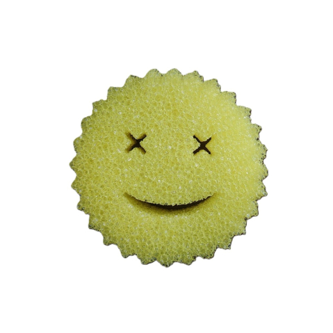 Accesorii Bucătărie - Burete de Vase, Rotund, din Burete PU, Model Smiley Face, Doua Fete, 10 x 4 cm, Galben