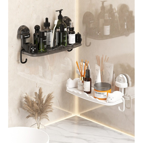 Suport pentru Baie, Montare pe Perete, Model Pisicute, ABS, Adeziv, Raft pentru Depozitare, 33.4x17.7 cm, Negru [8]