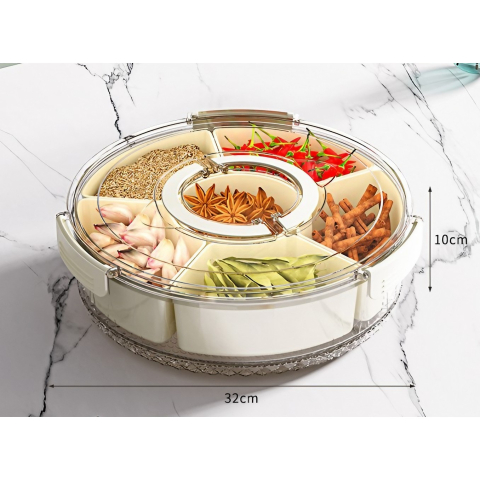 Cutie de Depozitare pentru Alimente, cu 6 Compartimente, pentru Condimente, Fructe, Legume, cu Manere de Prindere, Rotativa 360 de Grade, Inchidere Ermetica, 32x10 cm, Alba [2]