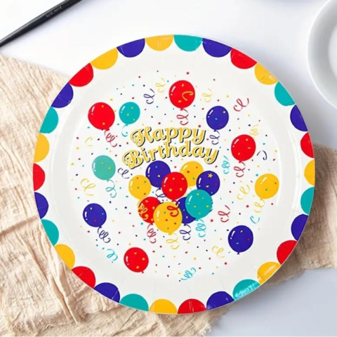 Set 10 Farfurii de Unica Folosinta, din Carton, 23 cm, Model Happy Birthday, Multicolor [3]